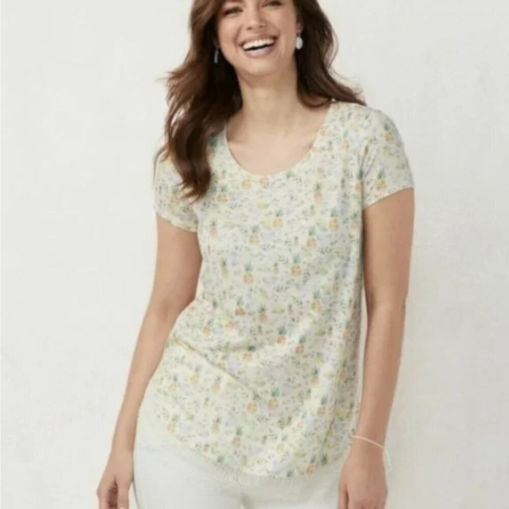 Lauren Conrad Pineapple Print Eyelash Lace Tie Back‎ Top Sz L #135A